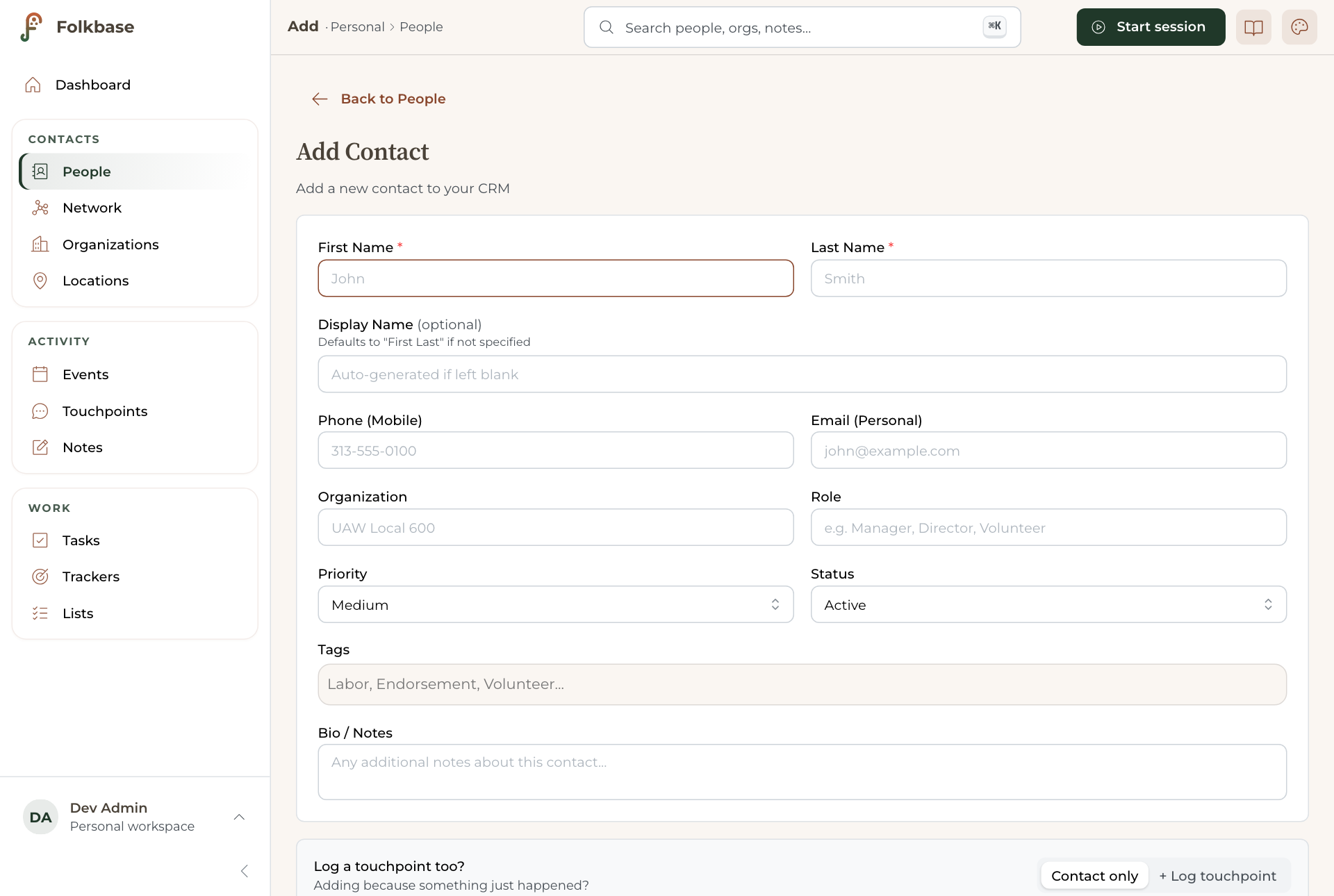 The Add Contact form, with fields for name, organization, phone, email, tags, and notes.