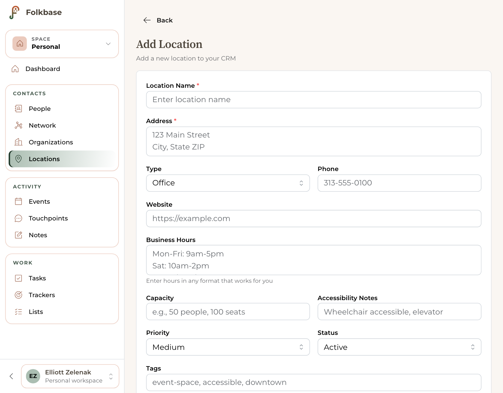 The Add Location form, with fields for name, address, type, phone, website, business hours, capacity, and accessibility notes.