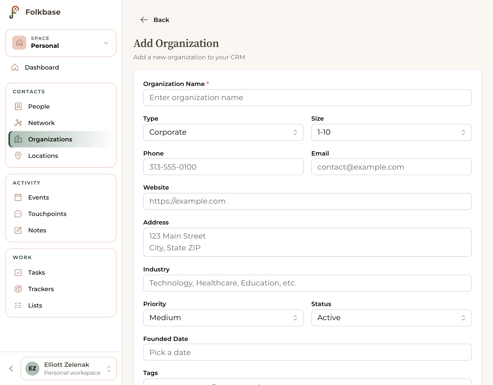 The Add Organization form, with fields for name, type, size, industry, phone, email, website, and address.