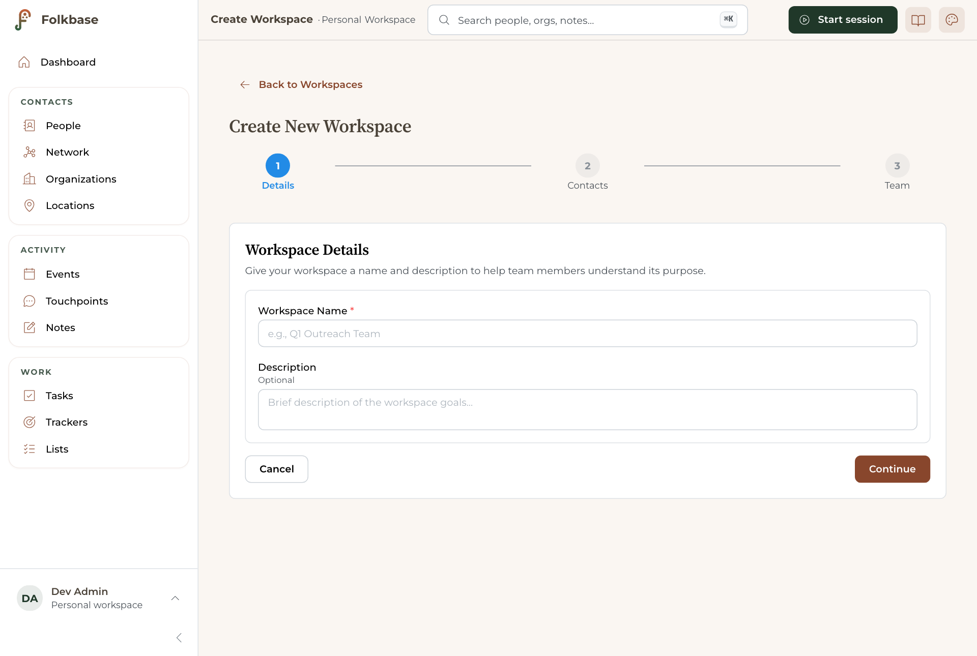 The Create New Workspace wizard on the Details step, with name and description fields.