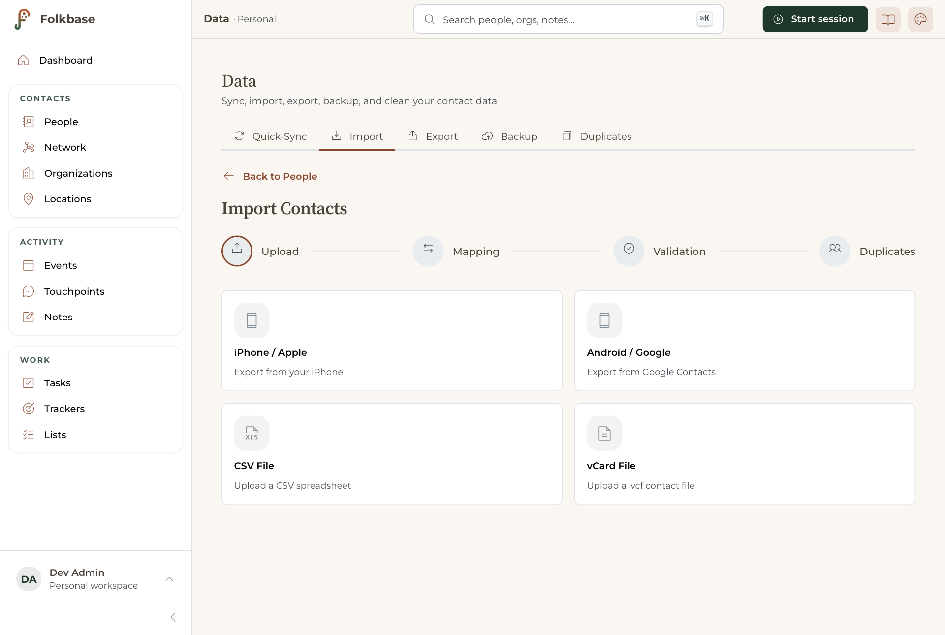 The Import Contacts wizard with Upload, Mapping, Validation, and Duplicates steps and source options for iPhone, Android, CSV, and vCard.