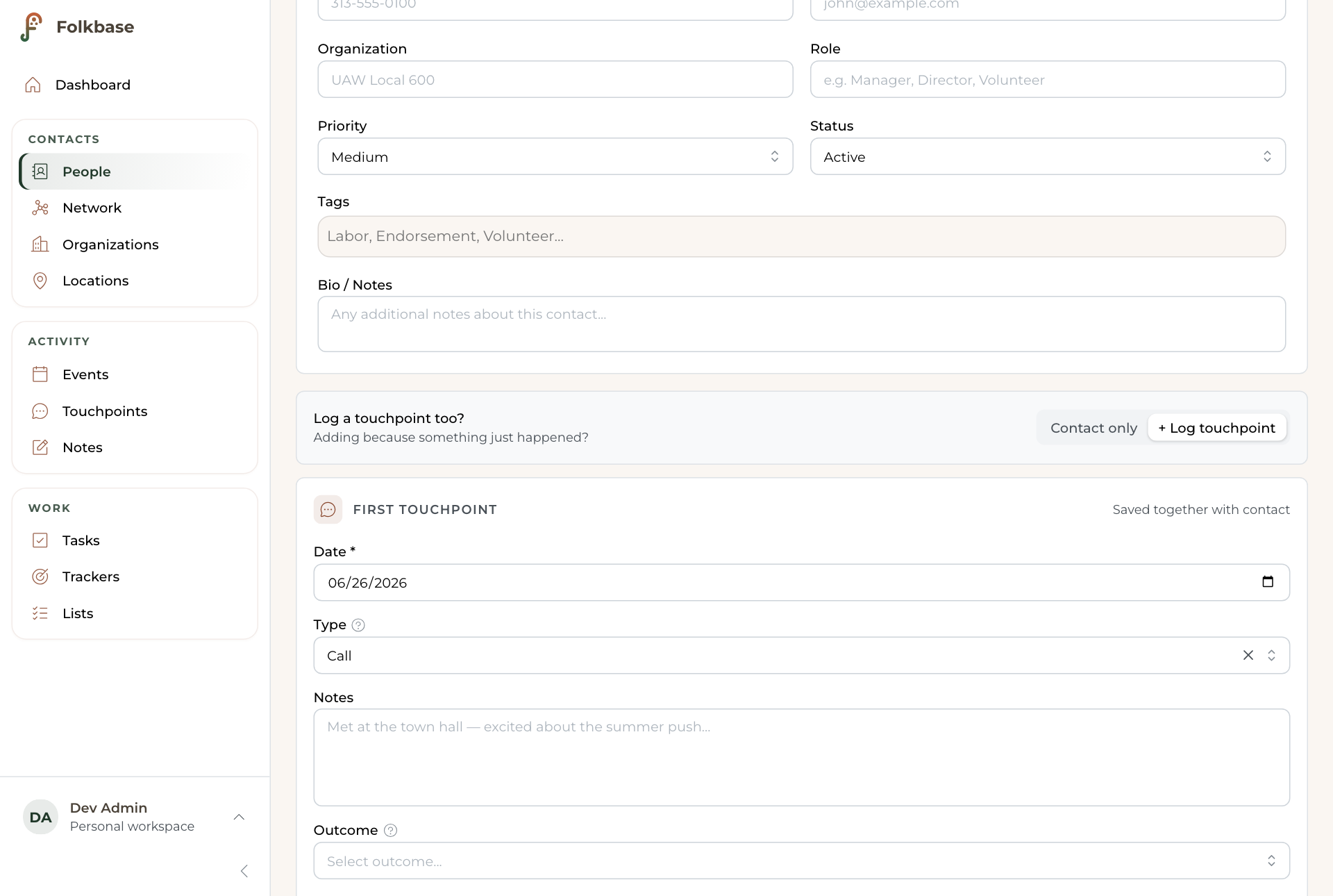 The touchpoint form showing date, type, notes, outcome, follow-up, and duration fields.