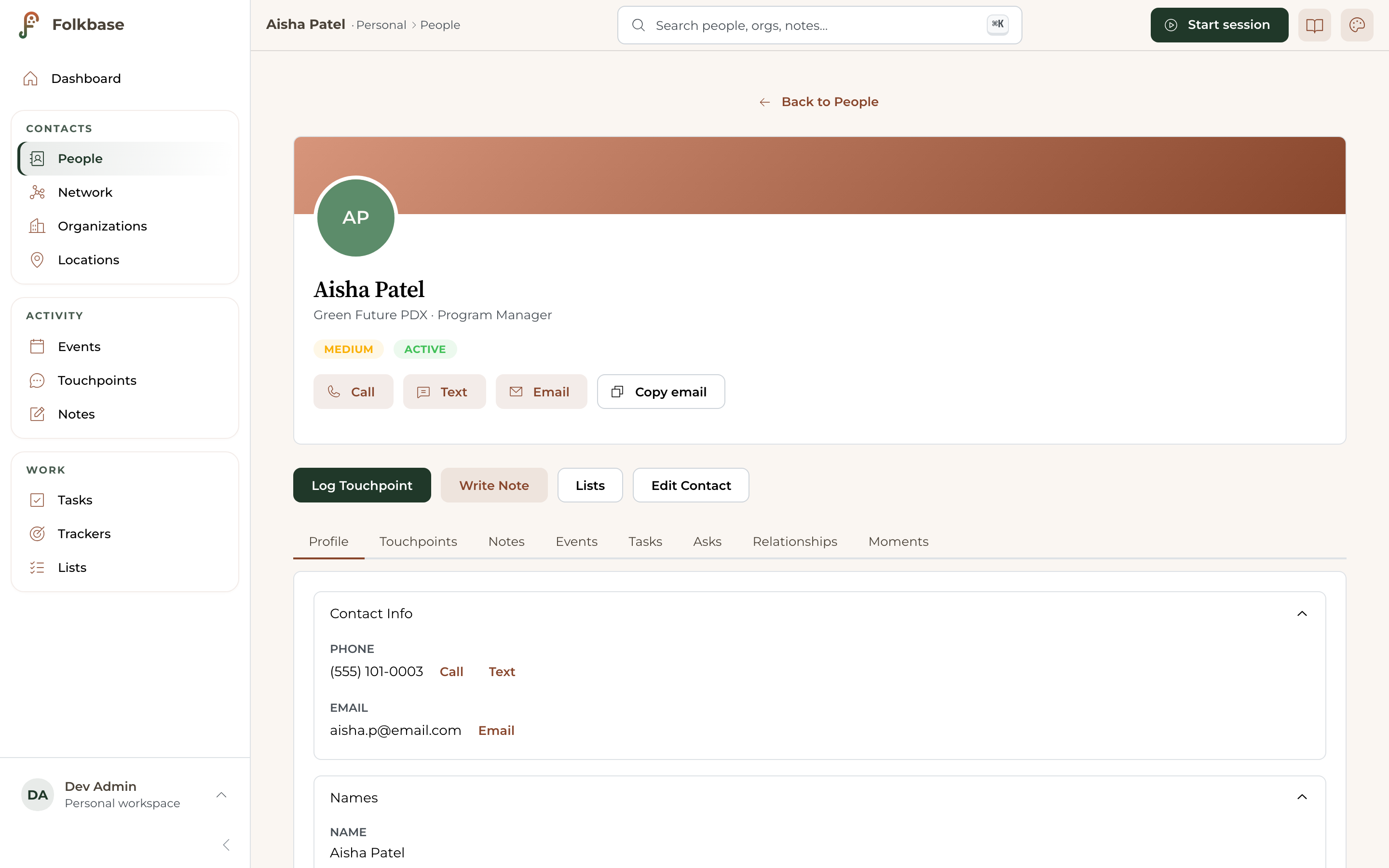 A Folkbase contact profile — conversations, notes, events, and follow-ups gathered on one person