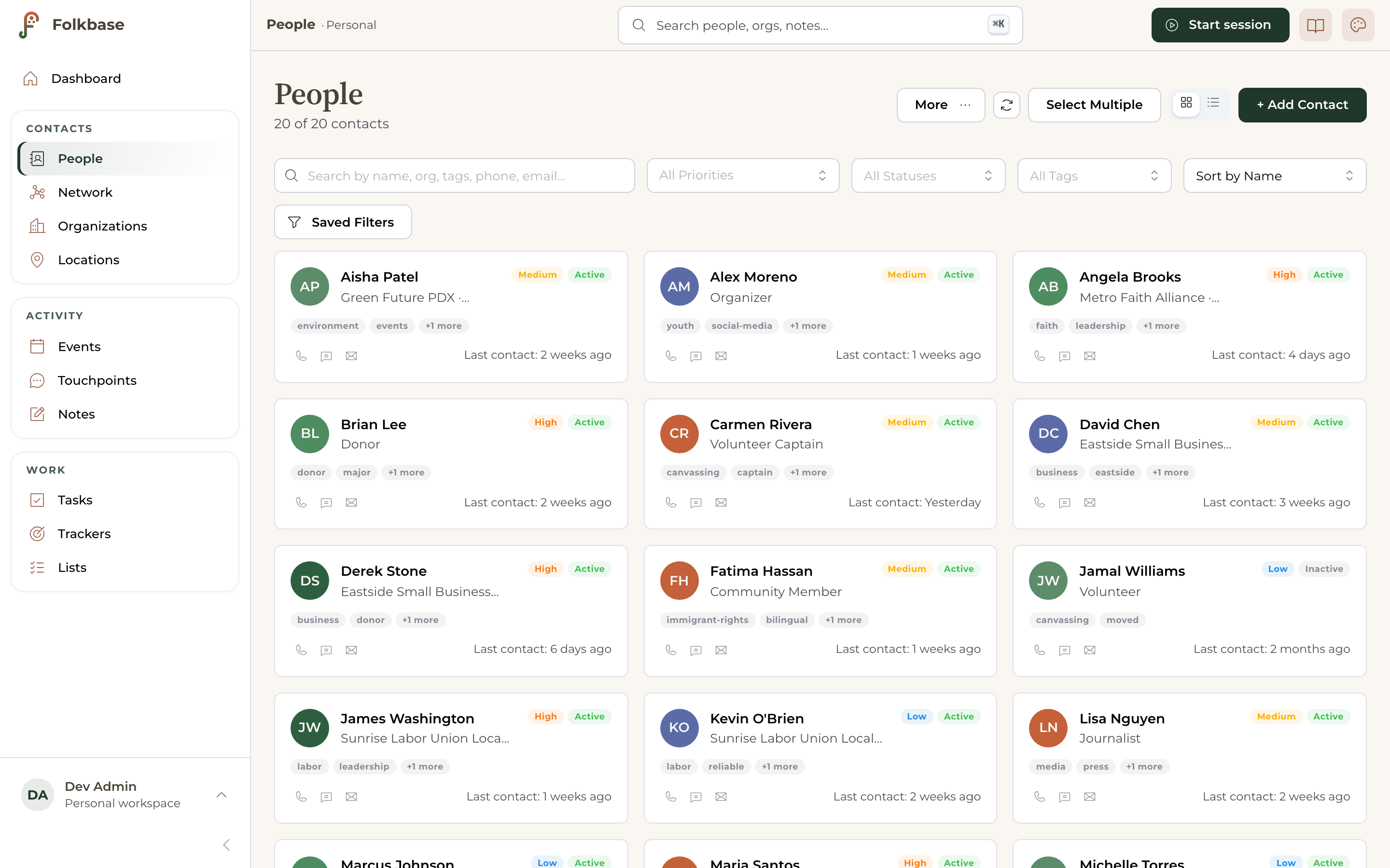 The Folkbase contacts list — search, filter, and sort everyone you know
