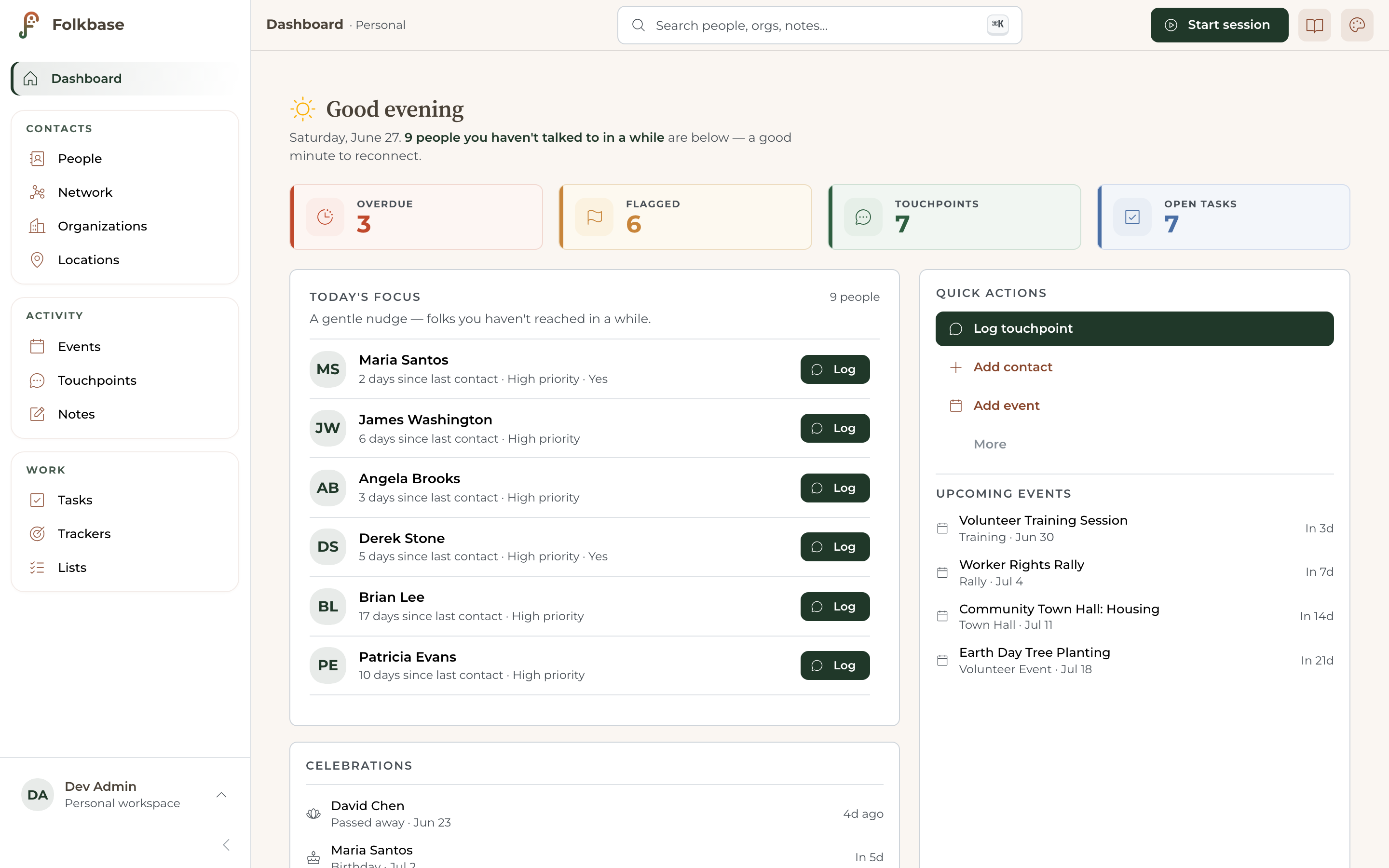 The Folkbase dashboard — today's focus, follow-ups, and open tasks