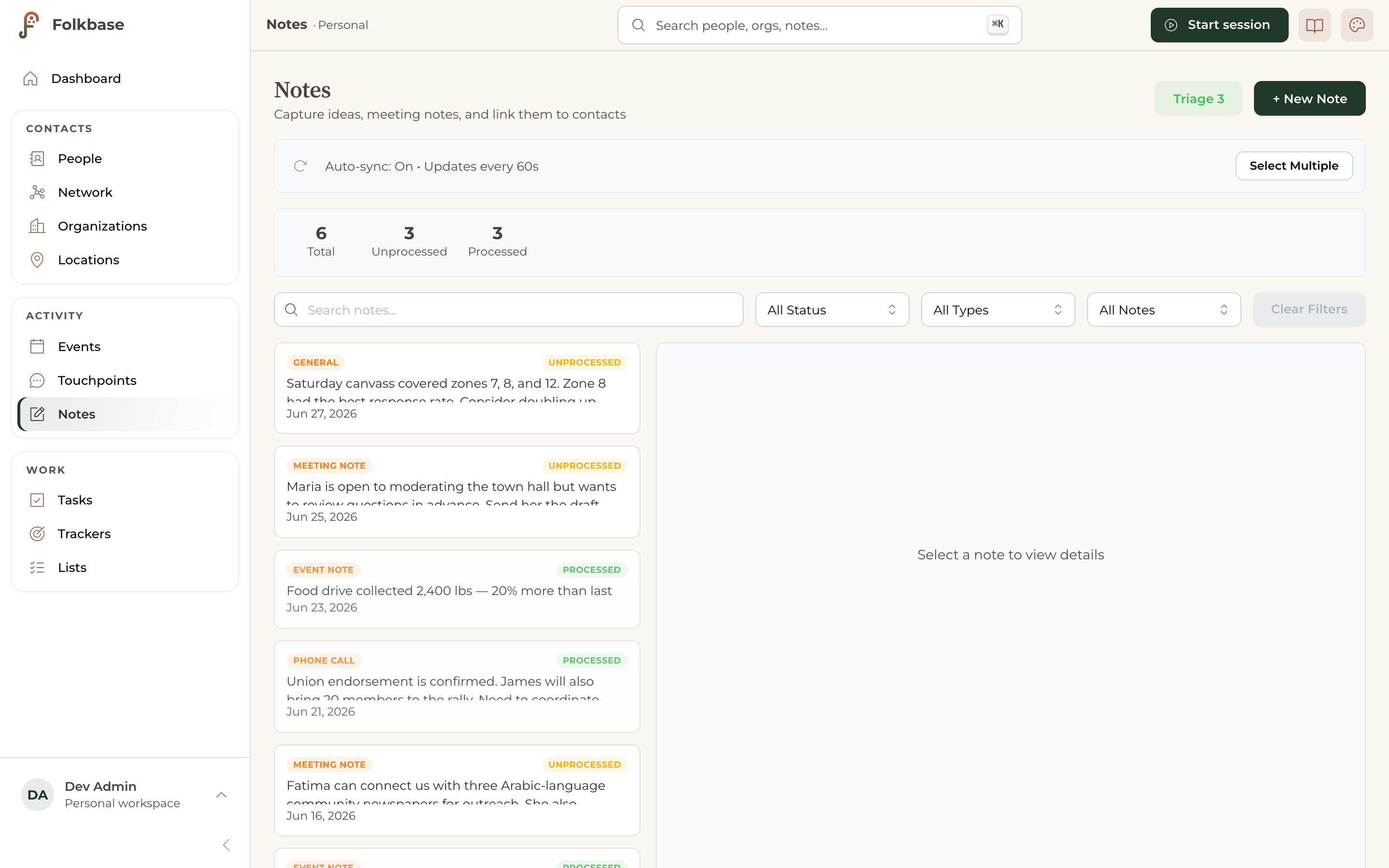 The Folkbase notes inbox — capture loose thoughts now and connect them later