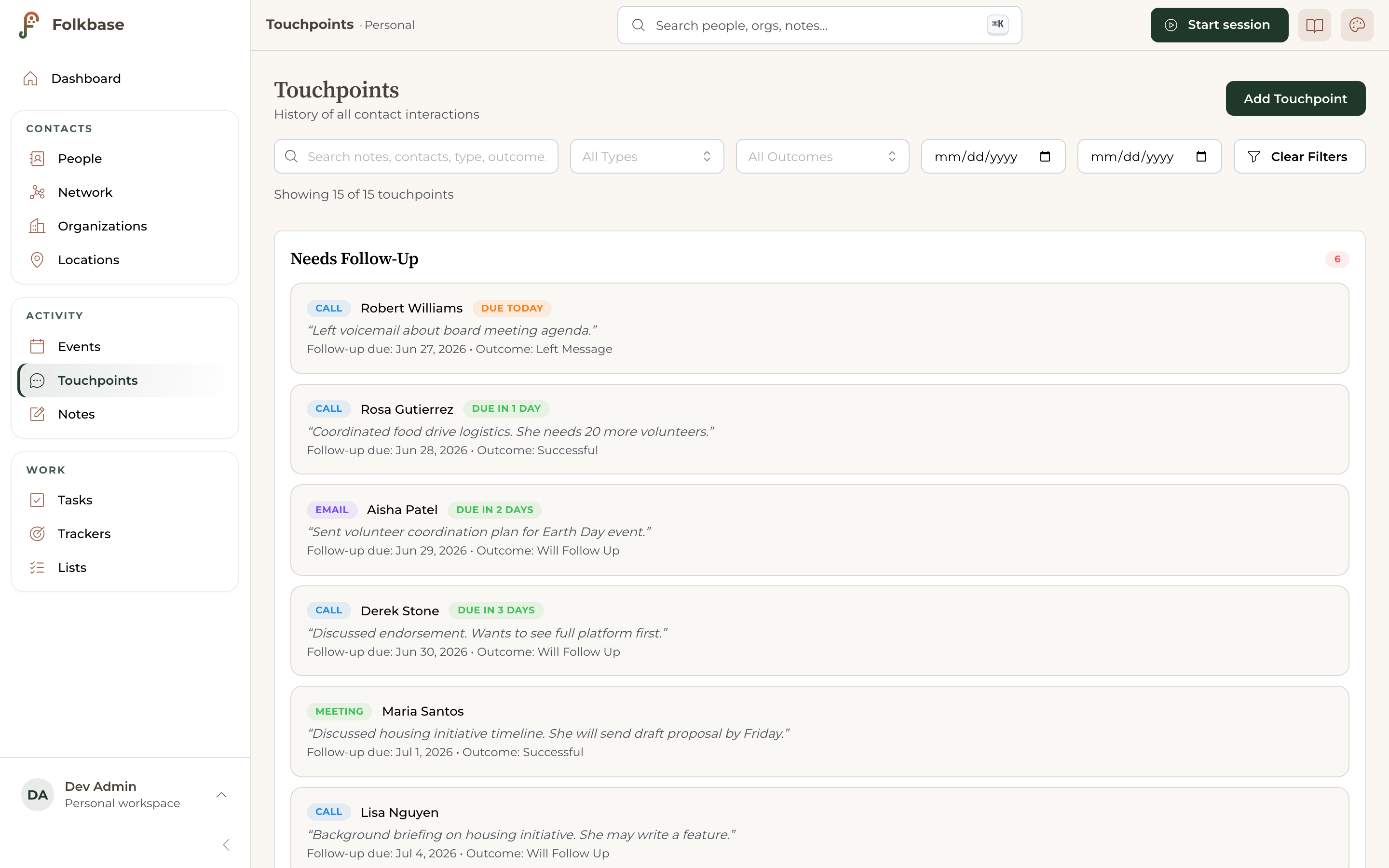 The Folkbase touchpoints log — a record of every call, email, and meeting